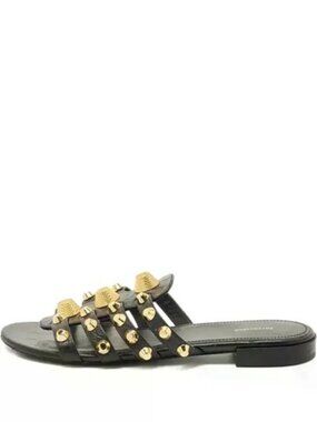 Balenciaga Arena Size 39 Black Leather Studded Flat Sandals  (fit 38!)